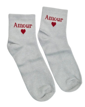 Chaussettes femme blanches pailletées Amour coeur rouge