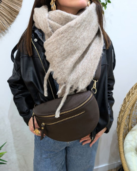 Sac banane cuir femme double zip Saphora-Marron