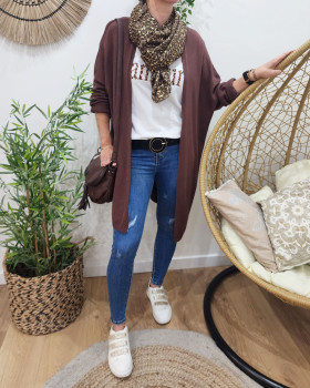 Gilet long uni-Marron foncé
