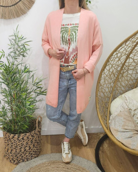 Gilet long femme uni-Rose baby