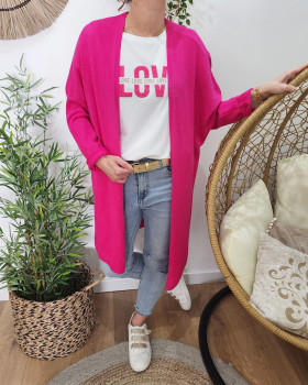 Gilet long femme uni-Rose fuchsia