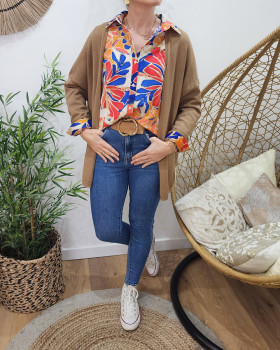 Gilet mi-long femme petite etoile relief-Camel