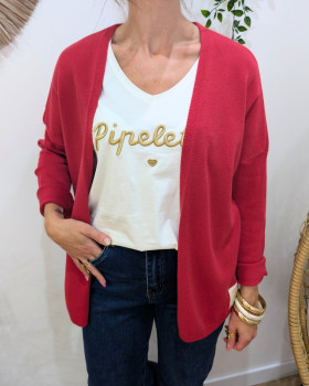 Gilet mi-long femme petite etoile relief-Rouge framboise