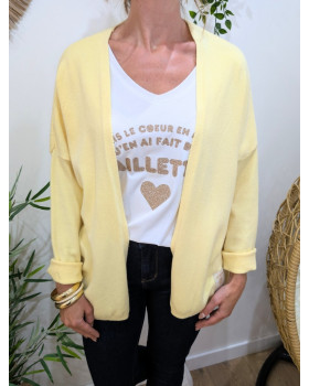 Gilet mi-long femme petite etoile relief-Jaune pâle