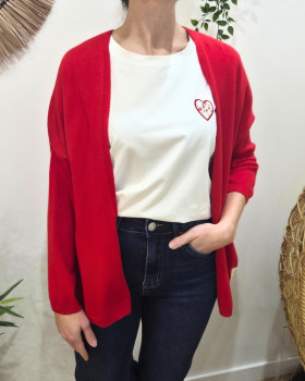 Gilet mi-long femme petite etoile relief-Rouge