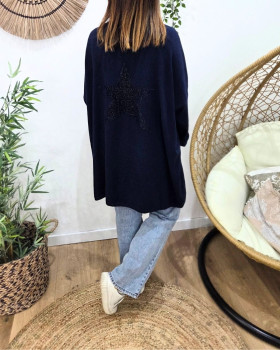 Gilet femme long dos étoile lurex-Bleu marine