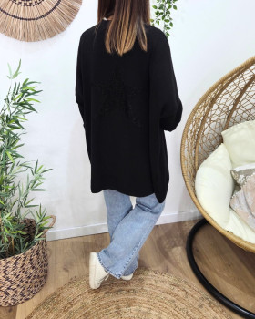 Gilet femme long dos étoile lurex-Noir
