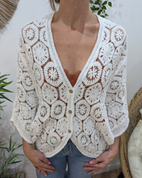 Gilet femme crochet ajouré Nayah-Ecru