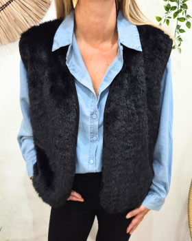 Gilet femme sans manche fausse fourrure-Noir