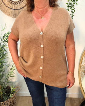 Gilet femme sans manche boutons nacrés Tahlia-Camel