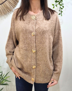 Pull femme grande taille boutons dorés soleil coeur-Camel clair