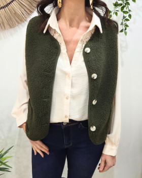 Gilet femme sans manche bouclettes kaki Alya