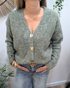 Gilet femme boutons coeurs dorés-Kaki