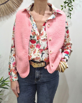 Gilet femme sans manche bouclettes rose baby Alya