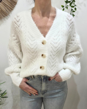 Gilet boutonné ajouré-Blanc
