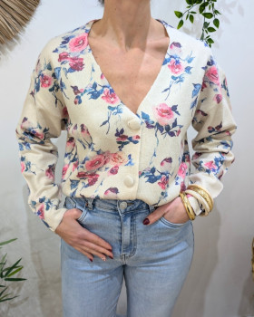 Gilet boutonné femme imprimé fleurs roses