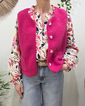 Gilet femme sans manche bouclettes rose fuchsia Alya