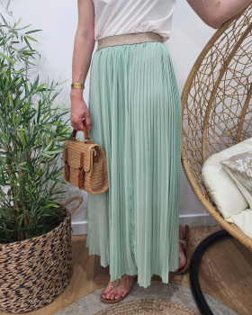 Jupe longue plissée femme élastique doré-Vert d'eau