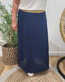 Jupe longue plissée femme grande taille élastique doré pailleté-Bleu marine