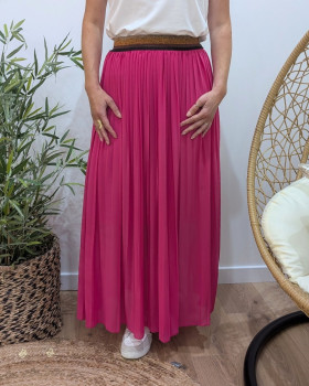 Jupe longue plissée femme élastique pailleté-Rose fuchsia