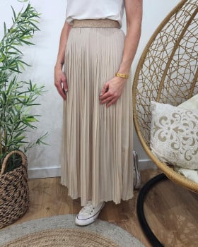 Jupe longue plissée femme élastique doré-Beige