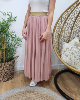Jupe longue plissée femme élastique doré-Rose poudré