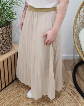 Jupe longue plissée femme grande taille élastique doré pailleté-Beige