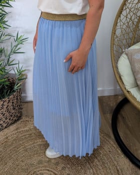 Jupe longue plissée femme grande taille élastique doré pailleté-Bleu ciel