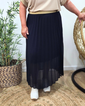 Jupe longue plissée femme grande taille élastique doré pailleté-Bleu marine