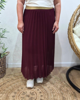 Jupe longue plissée femme grande taille élastique doré pailleté-Rouge bordeaux