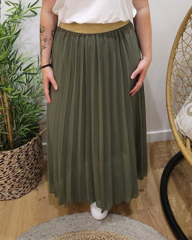 Jupe longue plissée femme grande taille élastique doré pailleté-Kaki