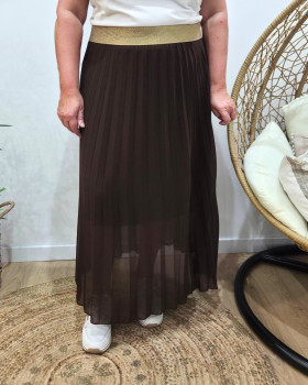 Jupe longue plissée femme grande taille élastique doré pailleté-Marron