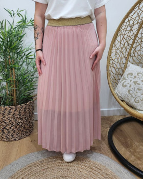 Jupe longue plissée femme grande taille élastique doré pailleté-Rose poudré