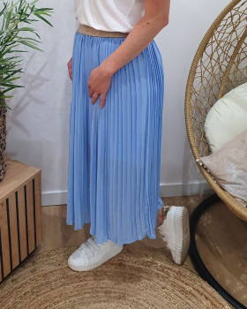 Jupe midi plissée femme élastique doré-Bleu ciel