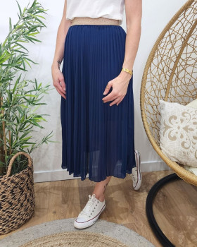 Jupe midi plissée femme élastique doré-Bleu marine