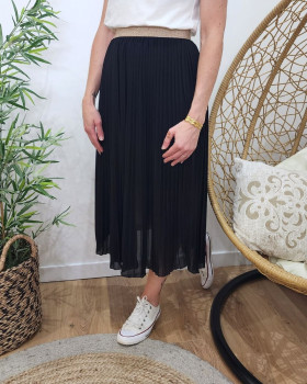 Jupe midi plissée femme élastique doré-Noir