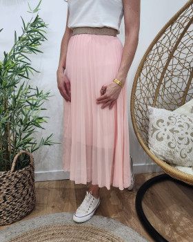 Jupe midi plissée femme élastique doré-Rose baby
