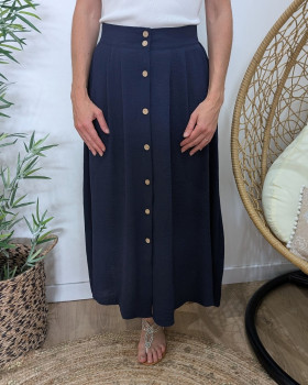 Jupe longue femme fluide boutonnée marine