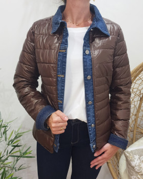 Doudoune femme marron métallisé rebords jeans