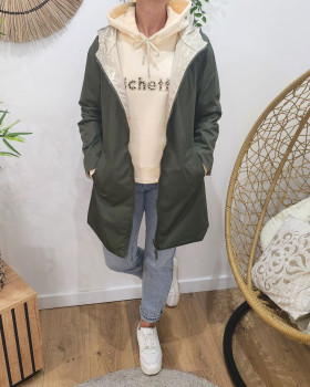 Parka fine femme longue réversible kaki foncé et dorée Lydia