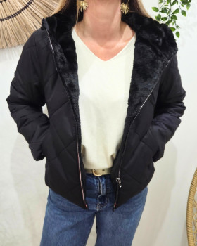 Parka femme noire matelassée réversible fausse fourrure Esma