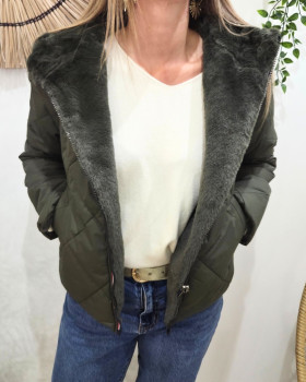 Parka femme kaki matelassée réversible fausse fourrure Esma