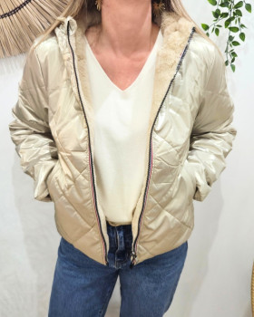 Parka femme dorée matelassée réversible fausse fourrure beige Esma