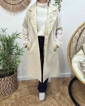 Manteau long femme col matelassé doré-Beige