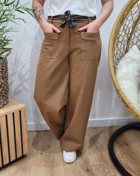 Pantalon femme élastiqué coupe droite et poches-Camel