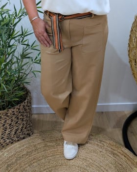 Pantalon femme élastiqué coupe droite et poches-Camel