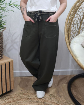 Pantalon femme élastiqué coupe droite et poches-Kaki