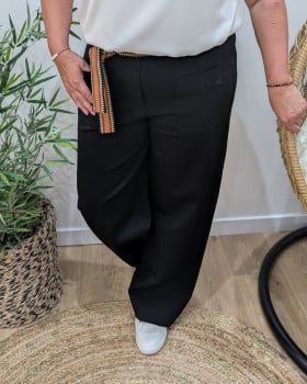Pantalon femme élastiqué coupe droite et poches-Noir
