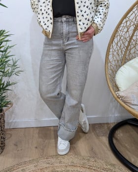 Jean femme gris clair flare gros bords taille haute
