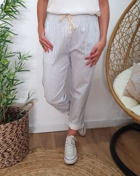 Pantalon femme élastiqué rayé écru et bleu ciel